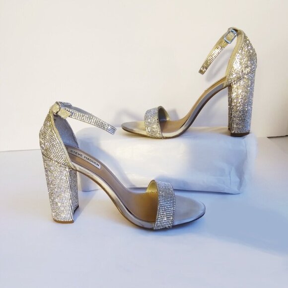 Steve Madden Carrson Silver Crystal Covered Block Heel Sparkly Sandals  Sz 9.5 - Picture 4 of 11